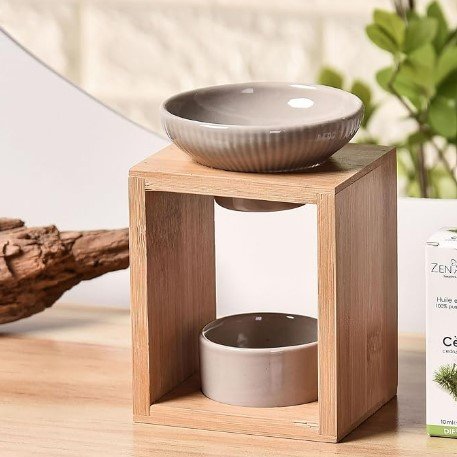 Brûle Parfum - Brûleur Fondant Cire Parfumée – Diffuseur Huile Essentielle et Parfum d’Ambiance – Bougeoir Aromathérapie Porte Bougie en Bois et Céramique Décoratif